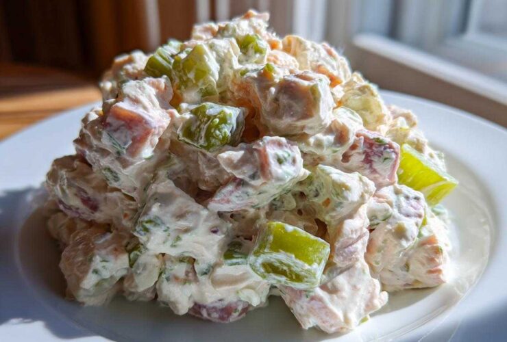 A mound of creamy ham salad recipe featuring diced ham, celery, and a mayonnaise dressing, served on a white plate.