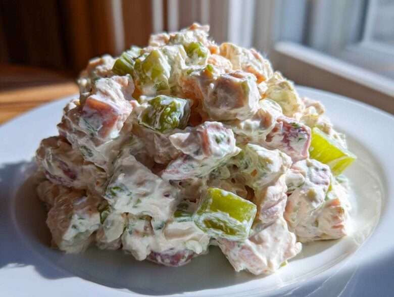 A mound of creamy ham salad recipe featuring diced ham, celery, and a mayonnaise dressing, served on a white plate.