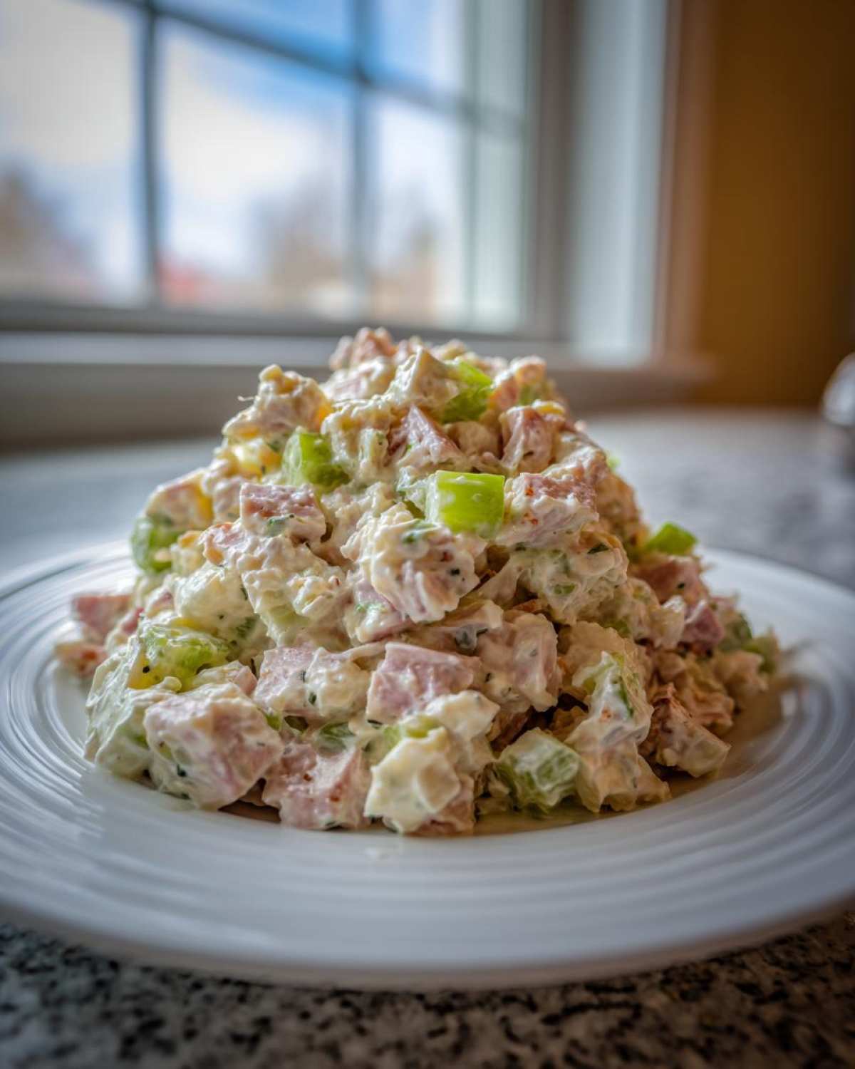A mound of creamy ham salad recipe with diced ham and celery served on a white plate near a window.