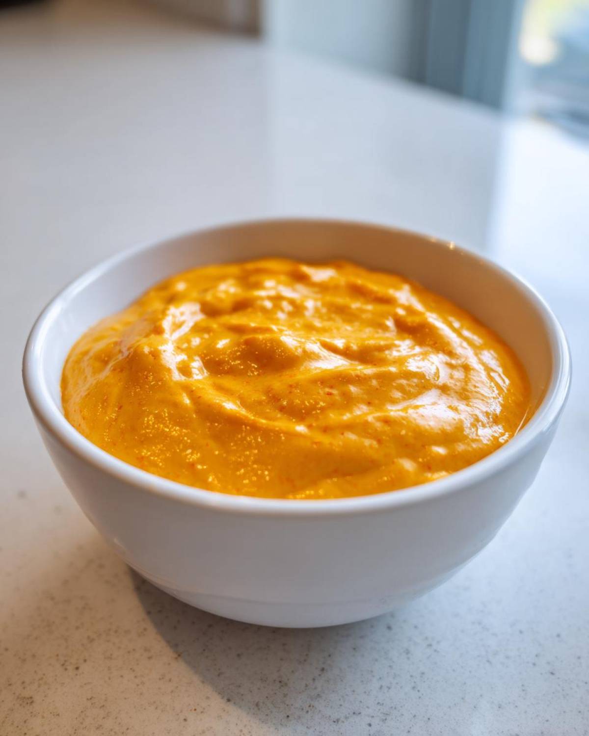 A close-up of thick, vibrant orange homemade nacho cheese sauce served in a small white bowl.