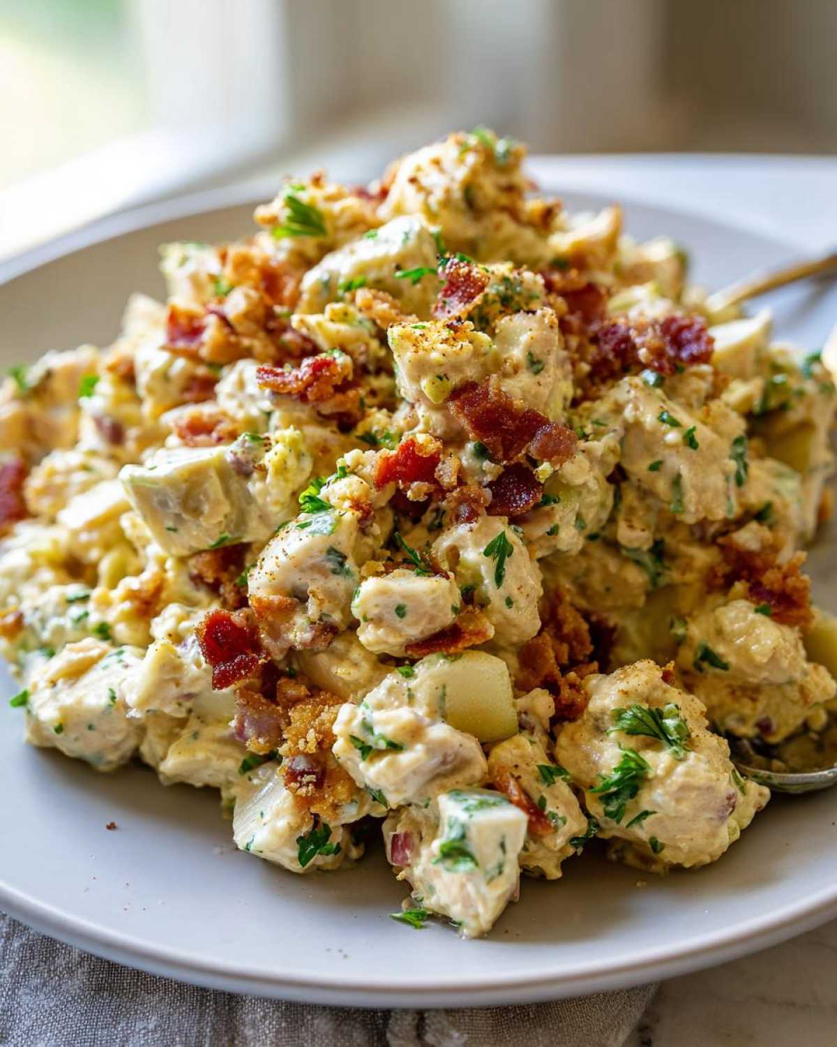Close-up of creamy honey mustard chicken salad mixed with chunks of chicken, topped generously with crispy bacon bits and parsley.
