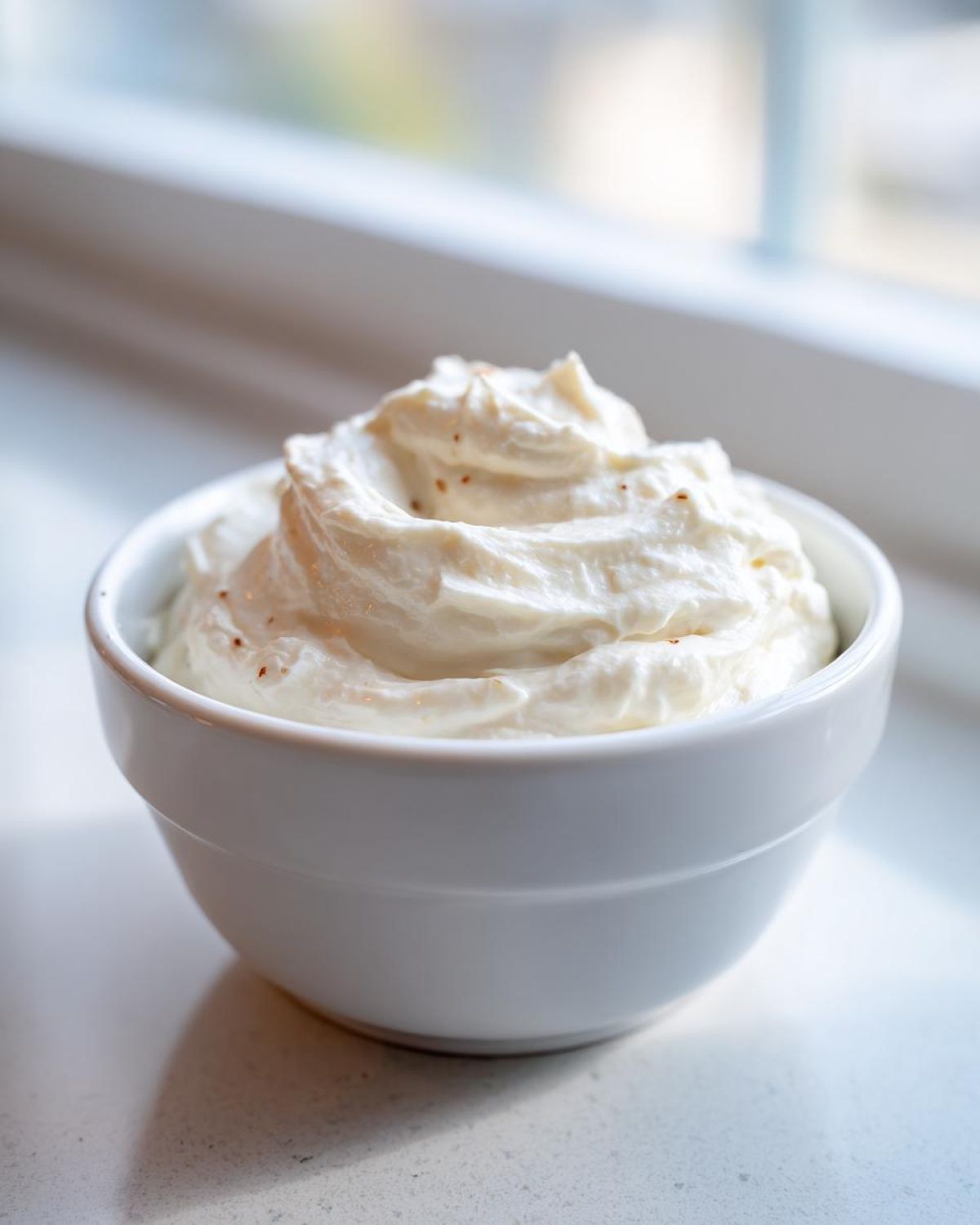 A small white bowl filled with fluffy, creamy horseradish sauce, sitting near a bright window.