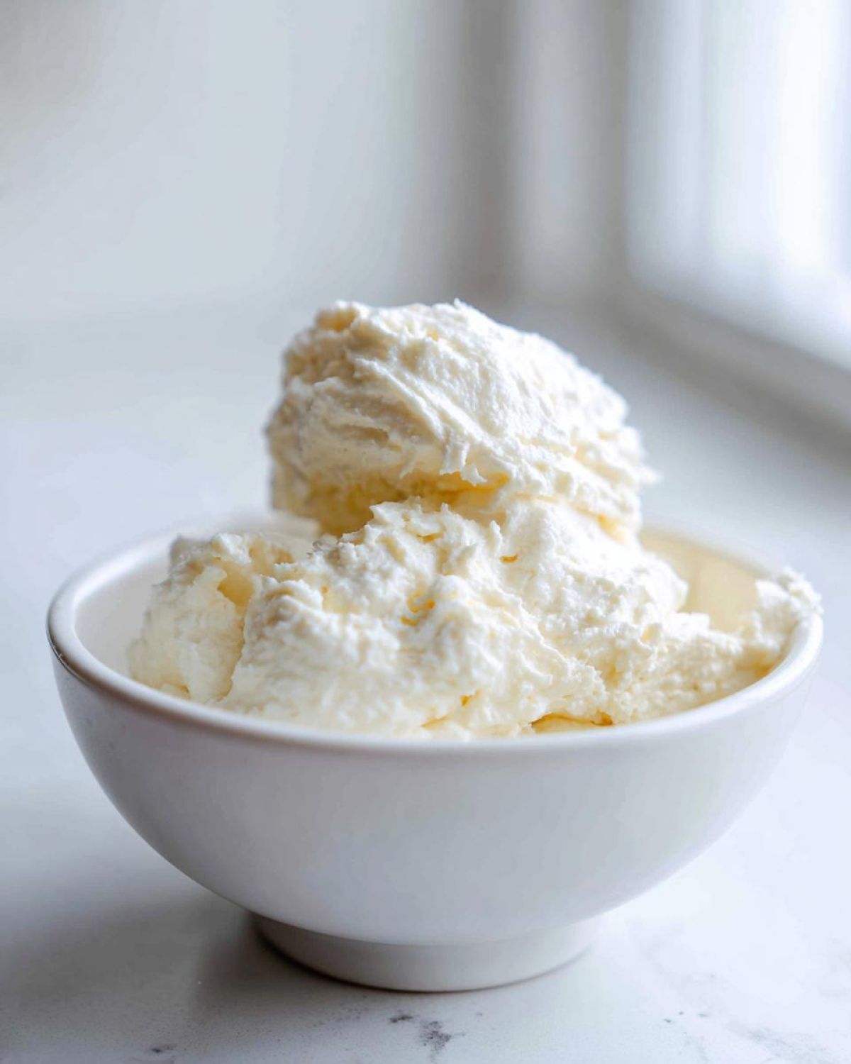A close-up of fluffy, white homemade horseradish sauce scooped into a small white bowl.