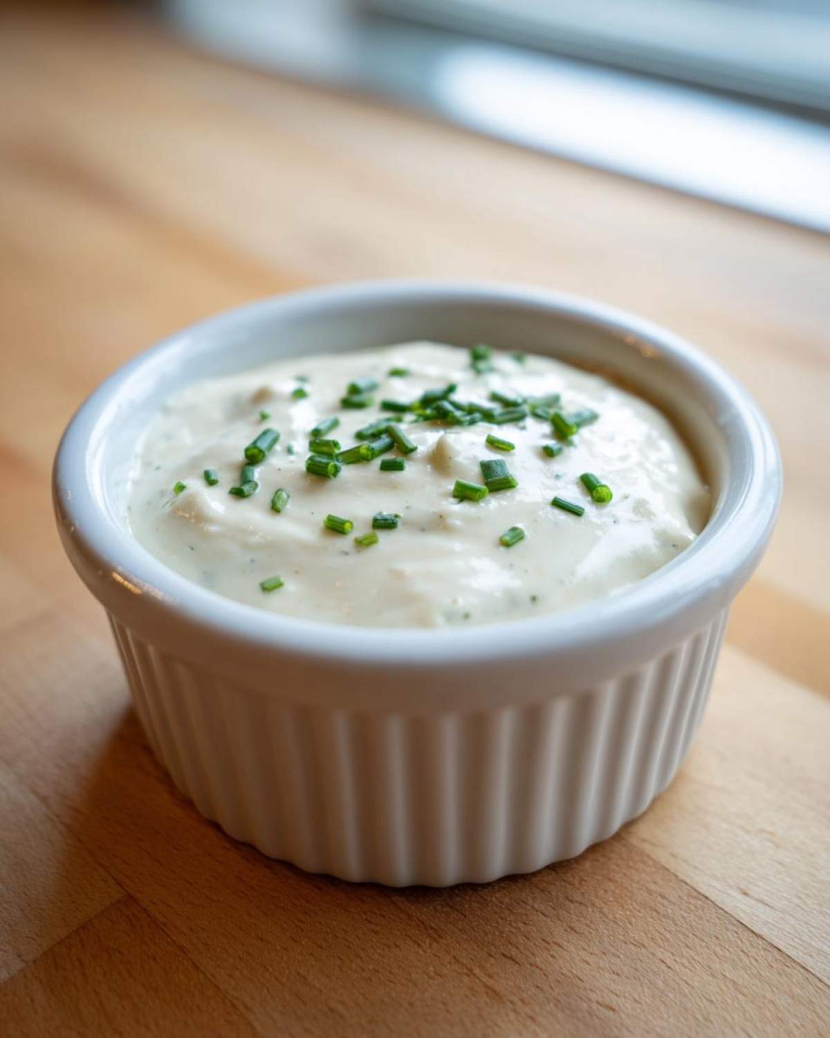 A white ramekin filled with thick, creamy horseradish sauce, topped with fresh chopped chives.