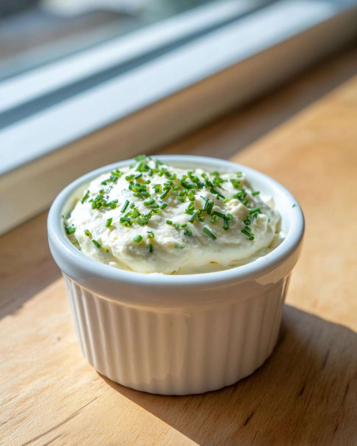 A small white ramekin filled with thick, creamy horseradish sauce, topped generously with fresh chopped chives.