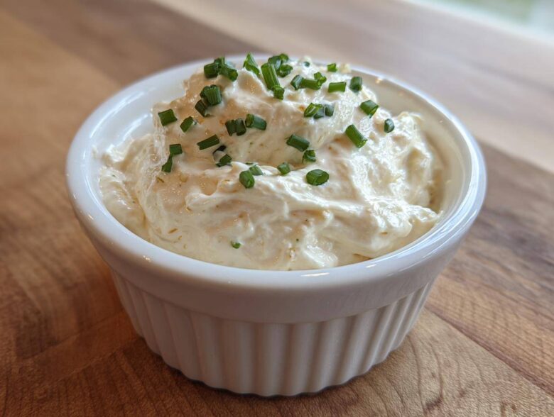A small white ramekin filled with thick, creamy horseradish sauce, garnished with fresh chopped chives.
