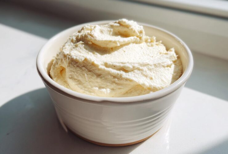 A close-up of thick, creamy horseradish sauce served in a small white bowl, brightly lit by sunlight.