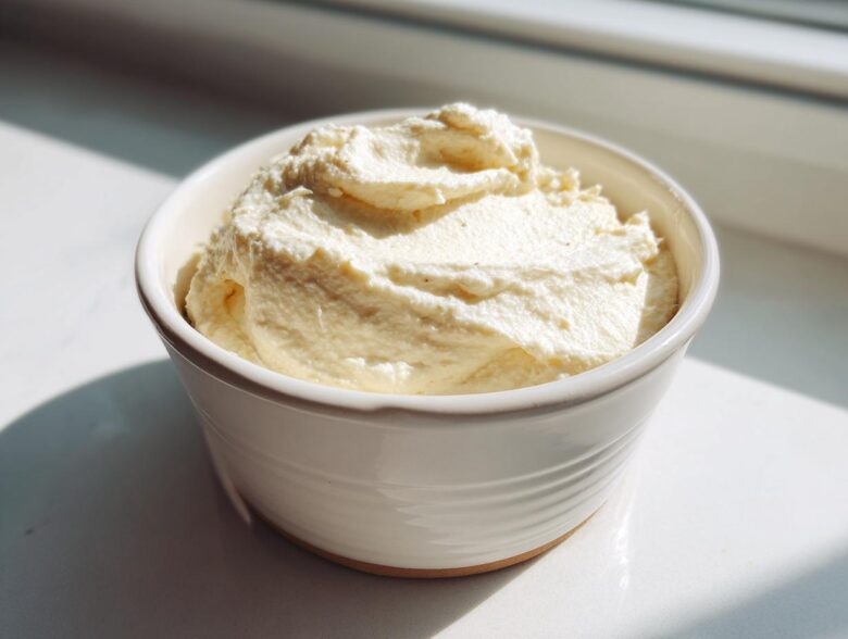 A close-up of thick, creamy horseradish sauce served in a small white bowl, brightly lit by sunlight.