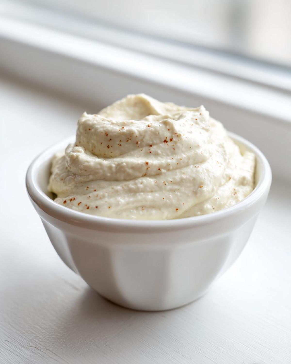 A close-up of creamy, whipped horseradish sauce, lightly dusted with spice, served in a small white bowl.