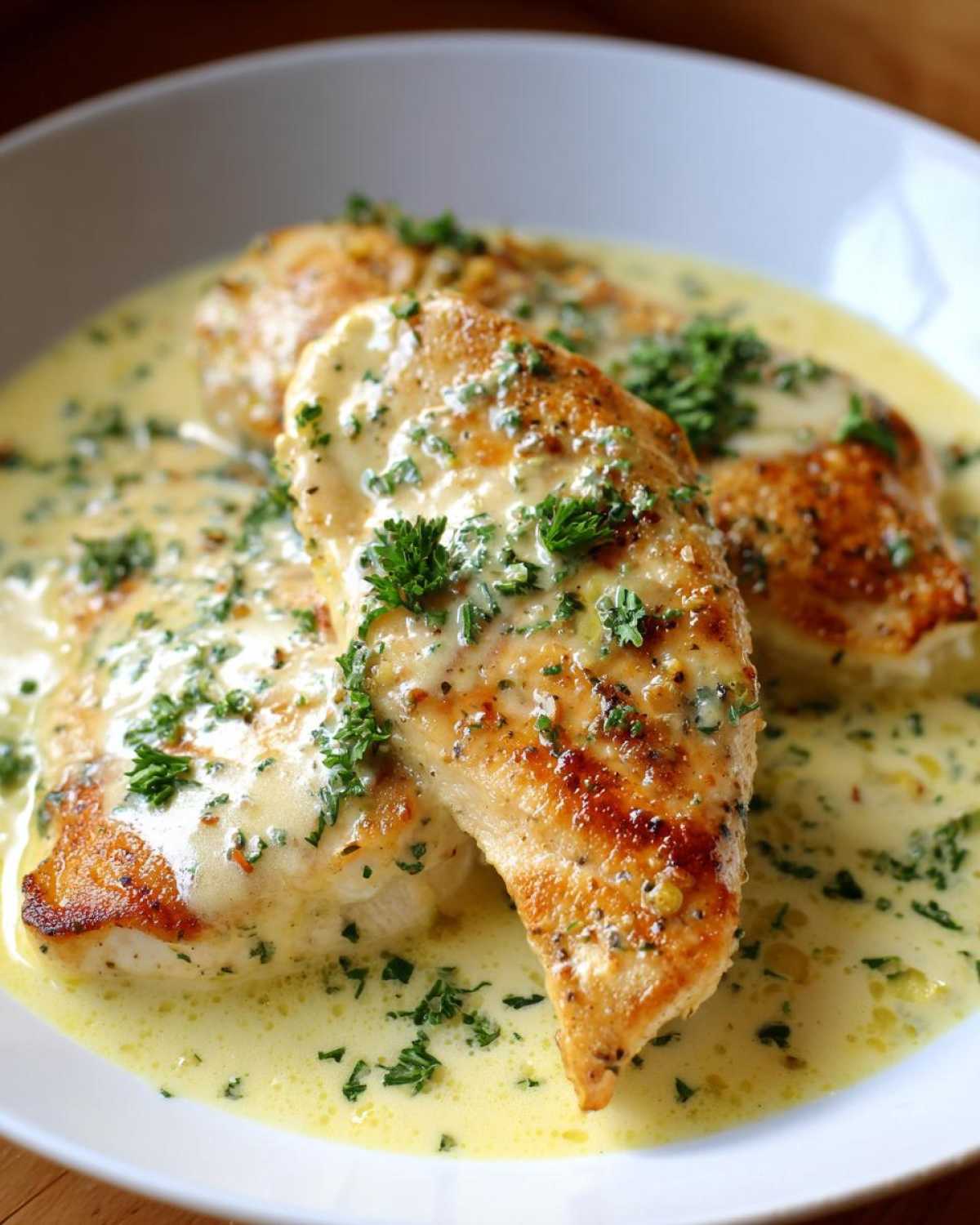 Three golden-brown chicken breasts smothered in a rich, creamy lemon sauce and garnished with fresh parsley.