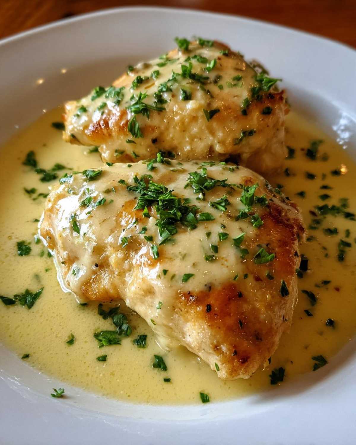 Two golden-brown chicken breasts smothered in a rich, creamy lemon sauce and topped with fresh parsley.
