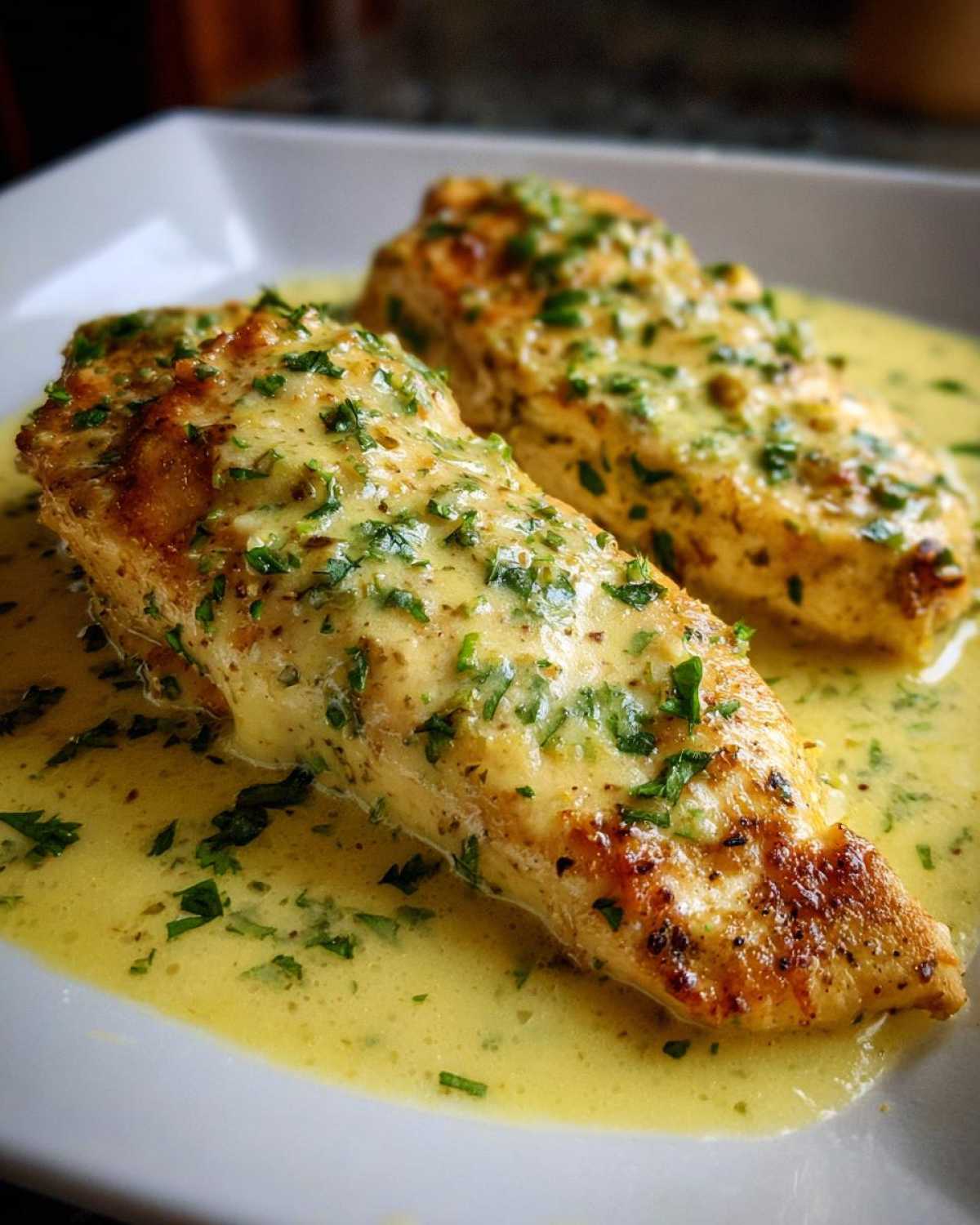 Two pan-seared chicken breasts covered in a rich, creamy lemon sauce and topped with fresh parsley, showcasing the creamy lemon chicken recipe.