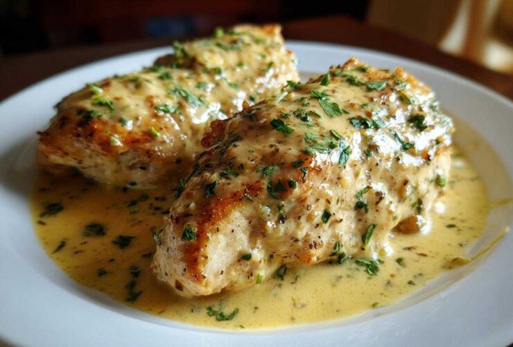 Two seared chicken breasts smothered in a rich, creamy lemon sauce and topped with fresh parsley.