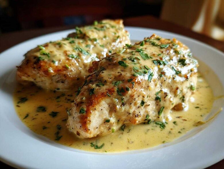 Two seared chicken breasts smothered in a rich, creamy lemon sauce and topped with fresh parsley.