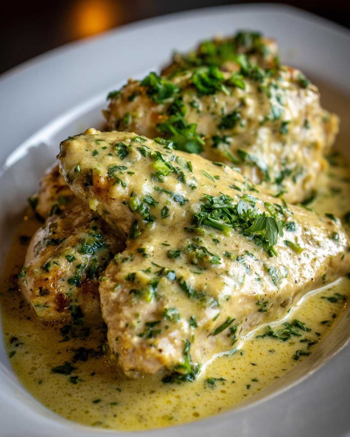 Three servings of creamy lemon chicken smothered in a rich, yellow sauce and topped with fresh chopped parsley.