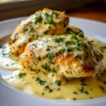 Two golden-brown chicken breasts smothered in a rich, creamy lemon sauce and topped with fresh parsley.