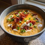 A close-up of a bowl of creamy loaded baked potato soup topped with sour cream, shredded cheddar, crispy bacon, and green onions.