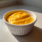 Close-up of thick, bright yellow nacho cheese sauce perfectly smooth in a small white ramekin.