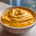 A close-up of thick, bright orange nacho cheese sauce swirled in a small white bowl.