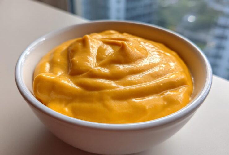 A close-up of thick, bright orange nacho cheese sauce swirled in a small white bowl.