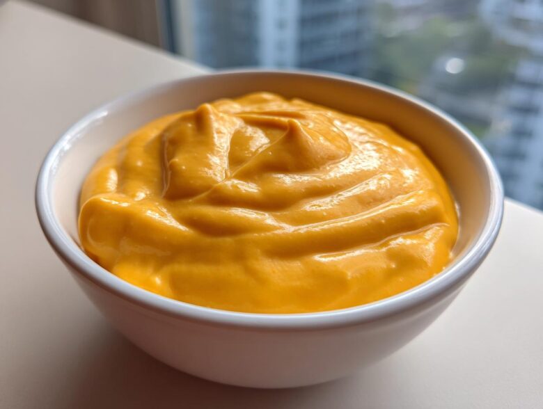 A close-up of thick, bright orange nacho cheese sauce swirled in a small white bowl.