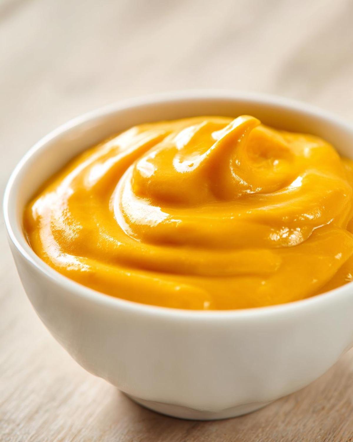 Close-up of thick, bright orange nacho cheese sauce swirled in a small white bowl.