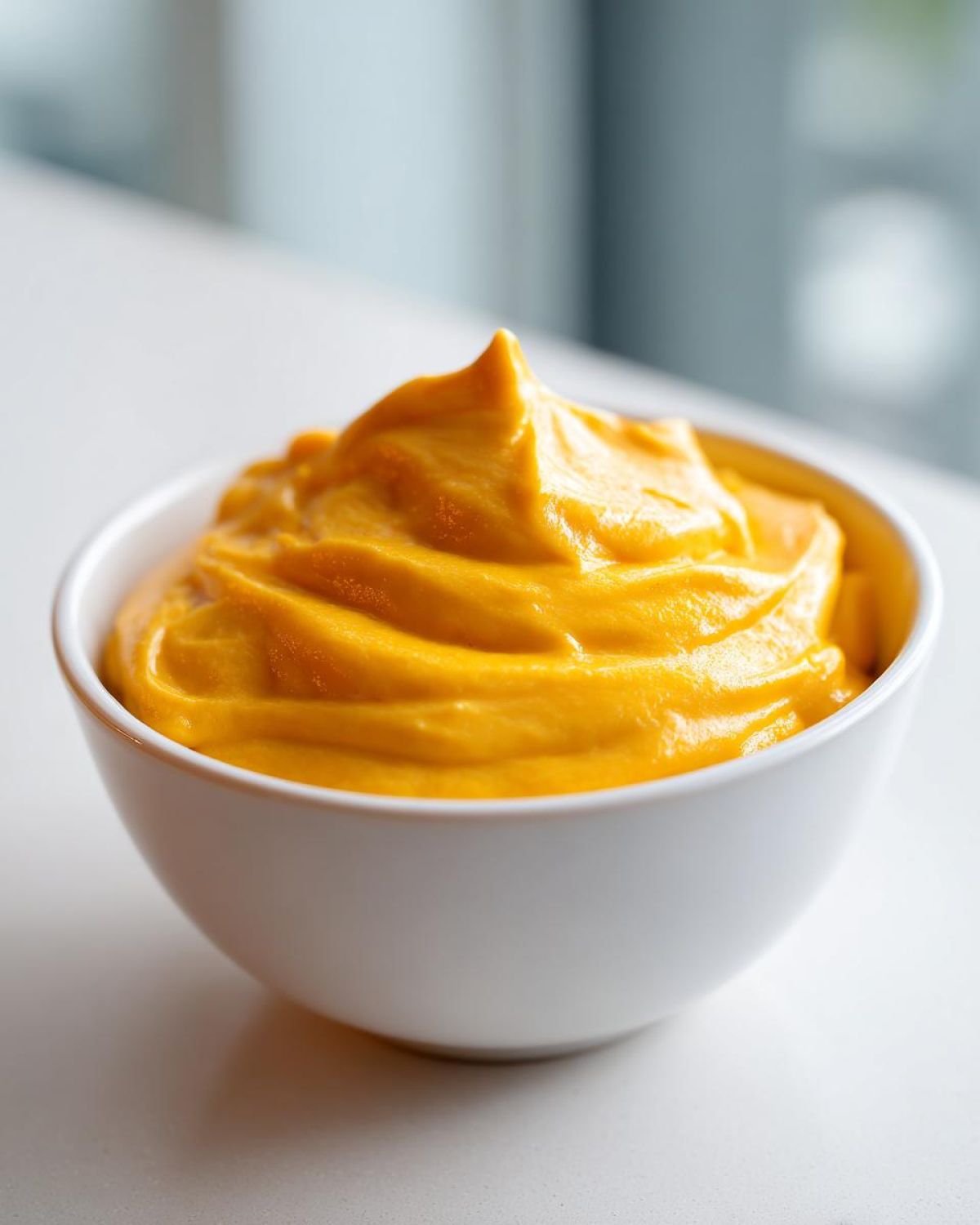 Close-up of thick, bright orange nacho cheese sauce swirled high in a small white bowl.
