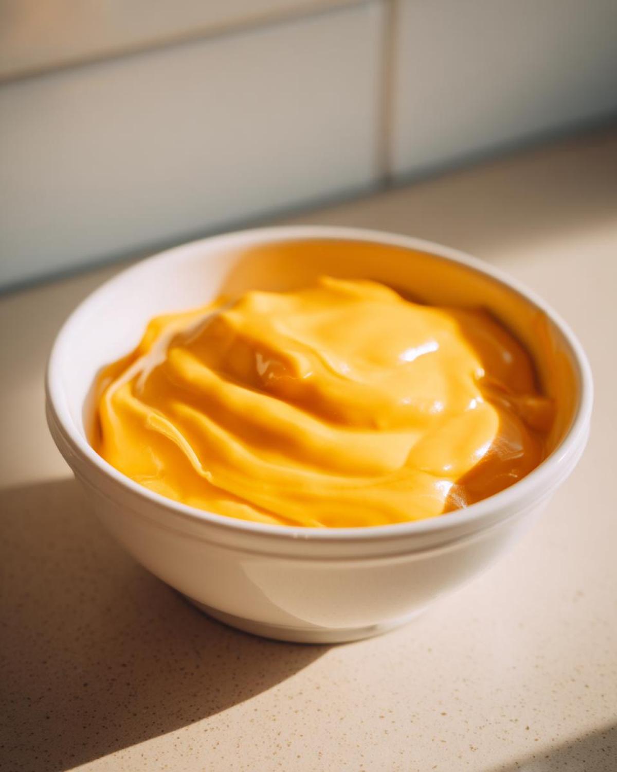A close-up of rich, bright orange nacho cheese sauce swirled inside a small white bowl.