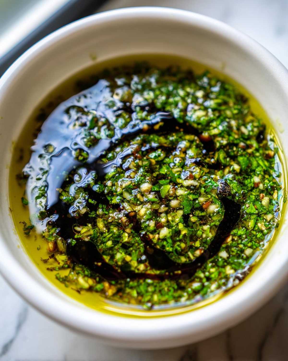 Close-up of a creamy olive oil bread dip mixture with finely chopped green herbs and a swirl of dark balsamic vinegar.