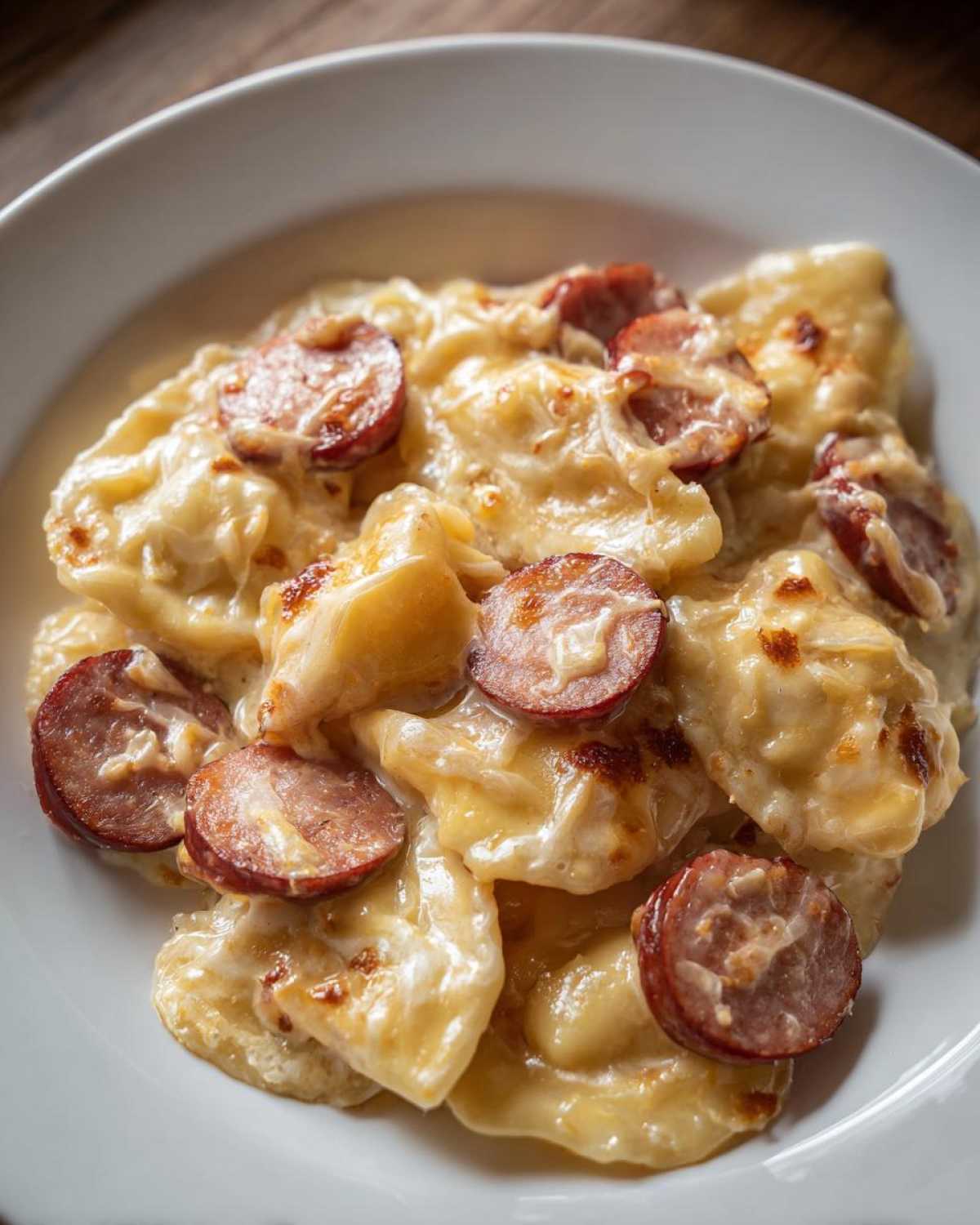 Close-up of a creamy pierogi casserole topped with slices of browned smoked sausage.