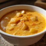 Close-up of a rich, orange potato cheese soup garnished with paprika in a white bowl.