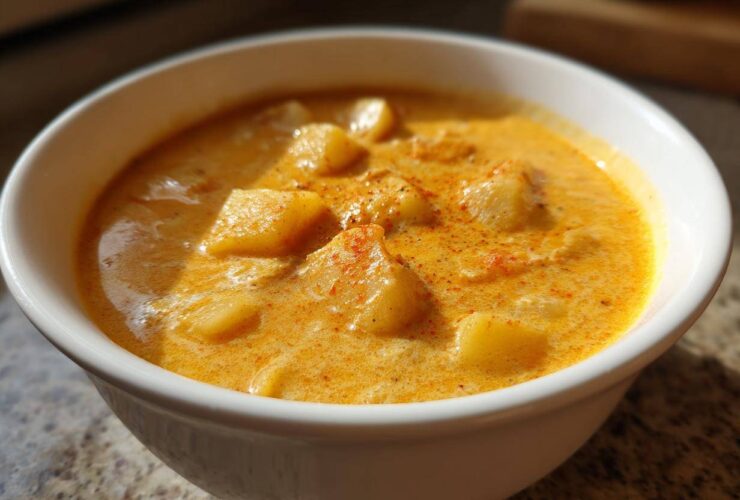 Close-up of a rich, orange potato cheese soup garnished with paprika in a white bowl.