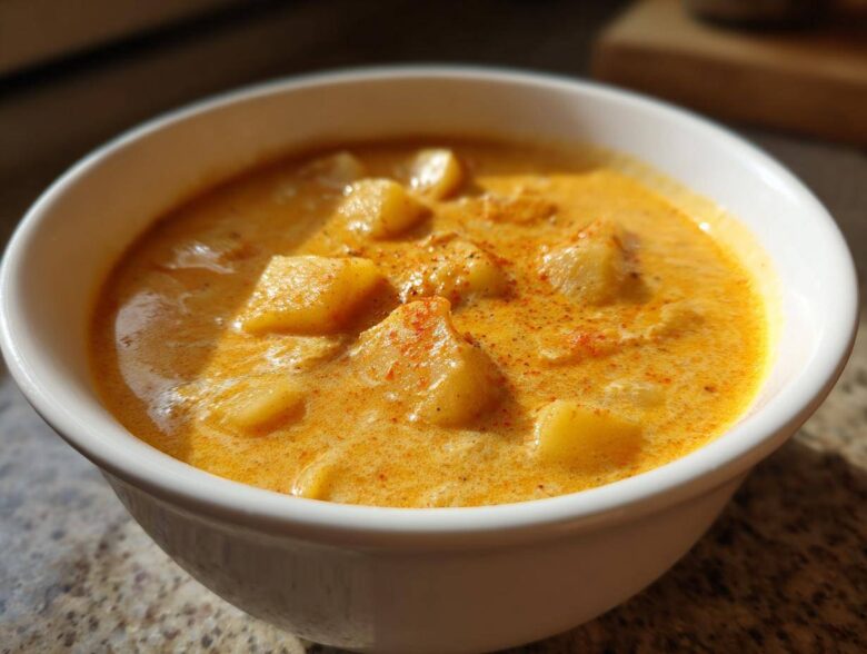 Close-up of a rich, orange potato cheese soup garnished with paprika in a white bowl.