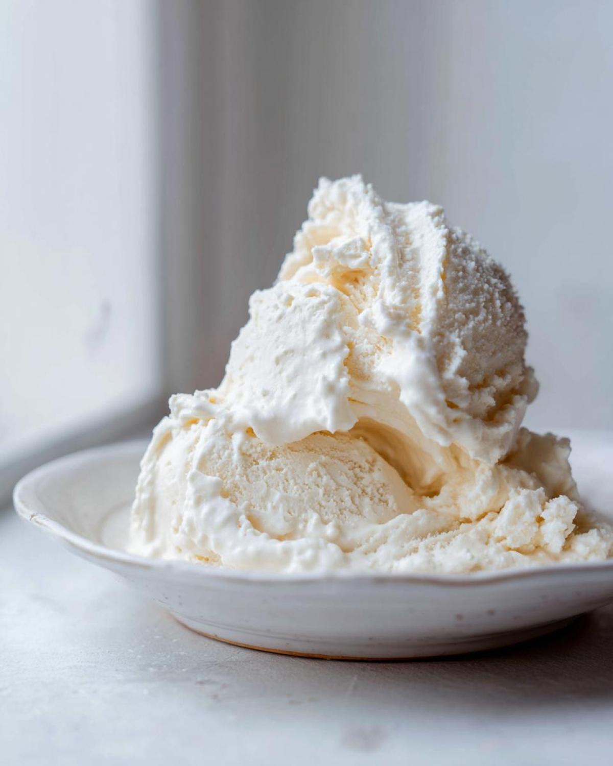 Close-up of a generous scoop of creamy, vanilla-colored protein ice cream served in a small, rustic white bowl.