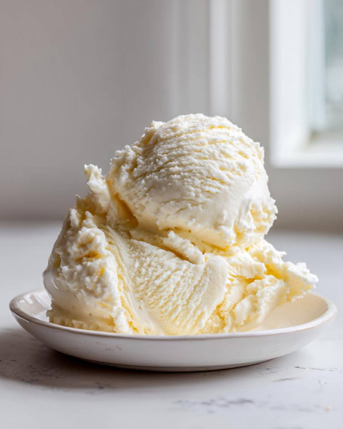 A generous serving of creamy, pale yellow protein ice cream scooped high in a small white bowl.