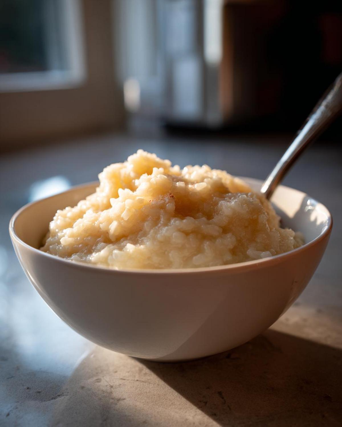 A close-up of creamy rice pudding served in a white bowl with a spoon resting inside.