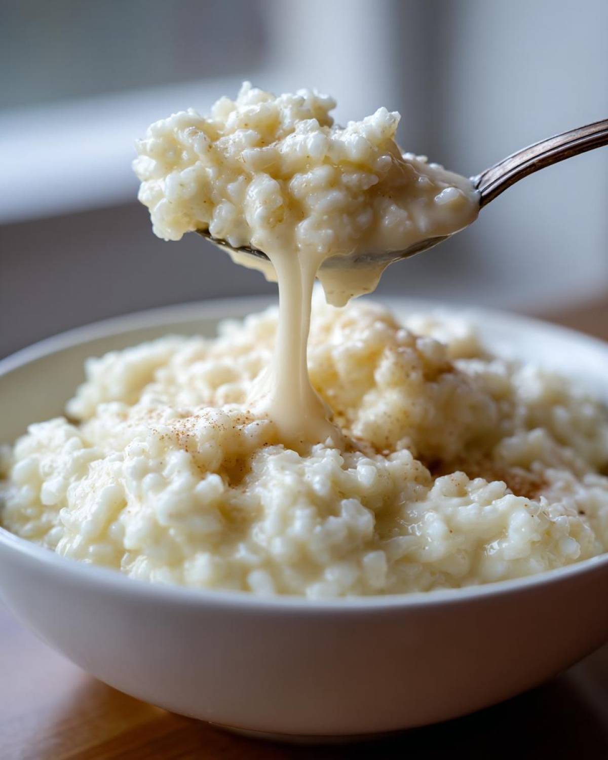 A spoonful of creamy rice pudding being lifted from a white bowl, showing a thick sauce dripping back into the main dish.