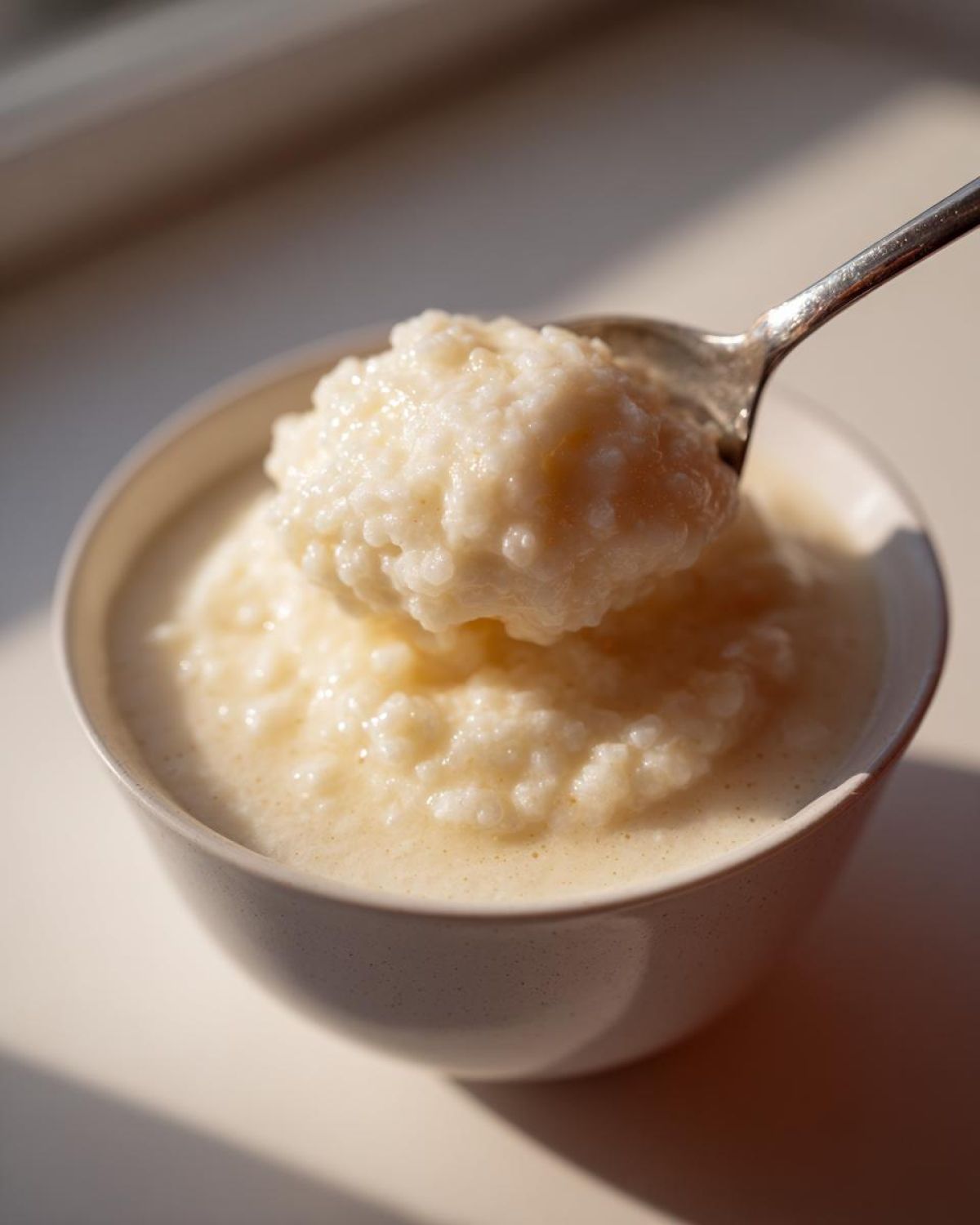 A spoonful of creamy rice pudding being lifted from a small bowl, showing the texture.