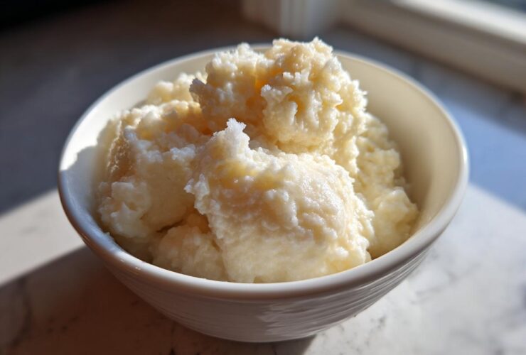 Close-up of creamy rice pudding served in a white bowl, highlighted by natural sunlight.