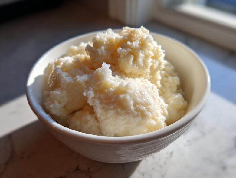 Close-up of creamy rice pudding served in a white bowl, highlighted by natural sunlight.