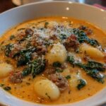Close-up of a hearty bowl of creamy sausage gnocchi soup topped with spinach and grated Parmesan cheese.