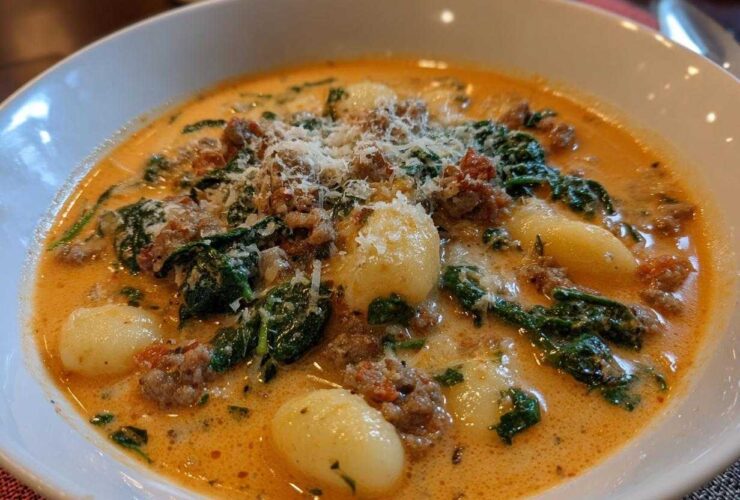 Close-up of a hearty bowl of creamy sausage gnocchi soup topped with spinach and grated Parmesan cheese.