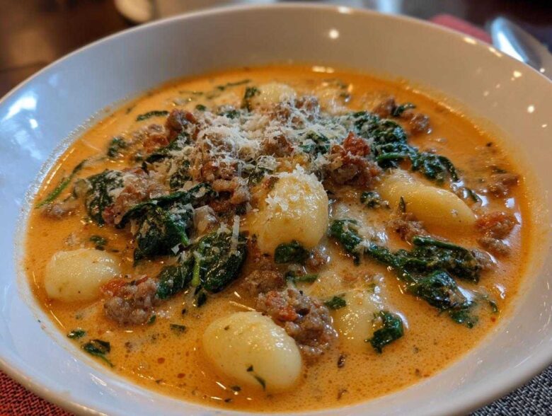 Close-up of a hearty bowl of creamy sausage gnocchi soup topped with spinach and grated Parmesan cheese.