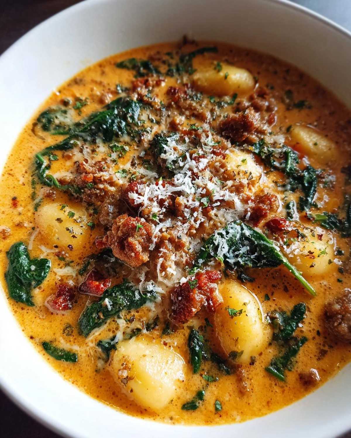 Close-up of creamy sausage gnocchi soup with spinach and grated parmesan cheese.