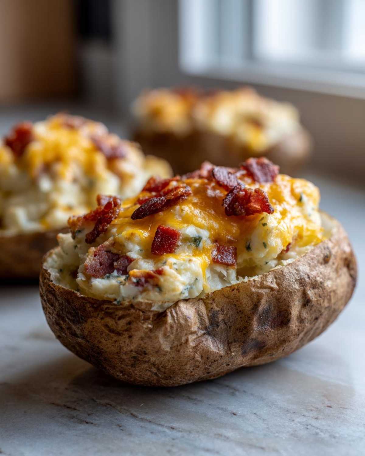 Close-up of a creamy twice baked potato topped with melted cheddar cheese and crispy bacon bits.