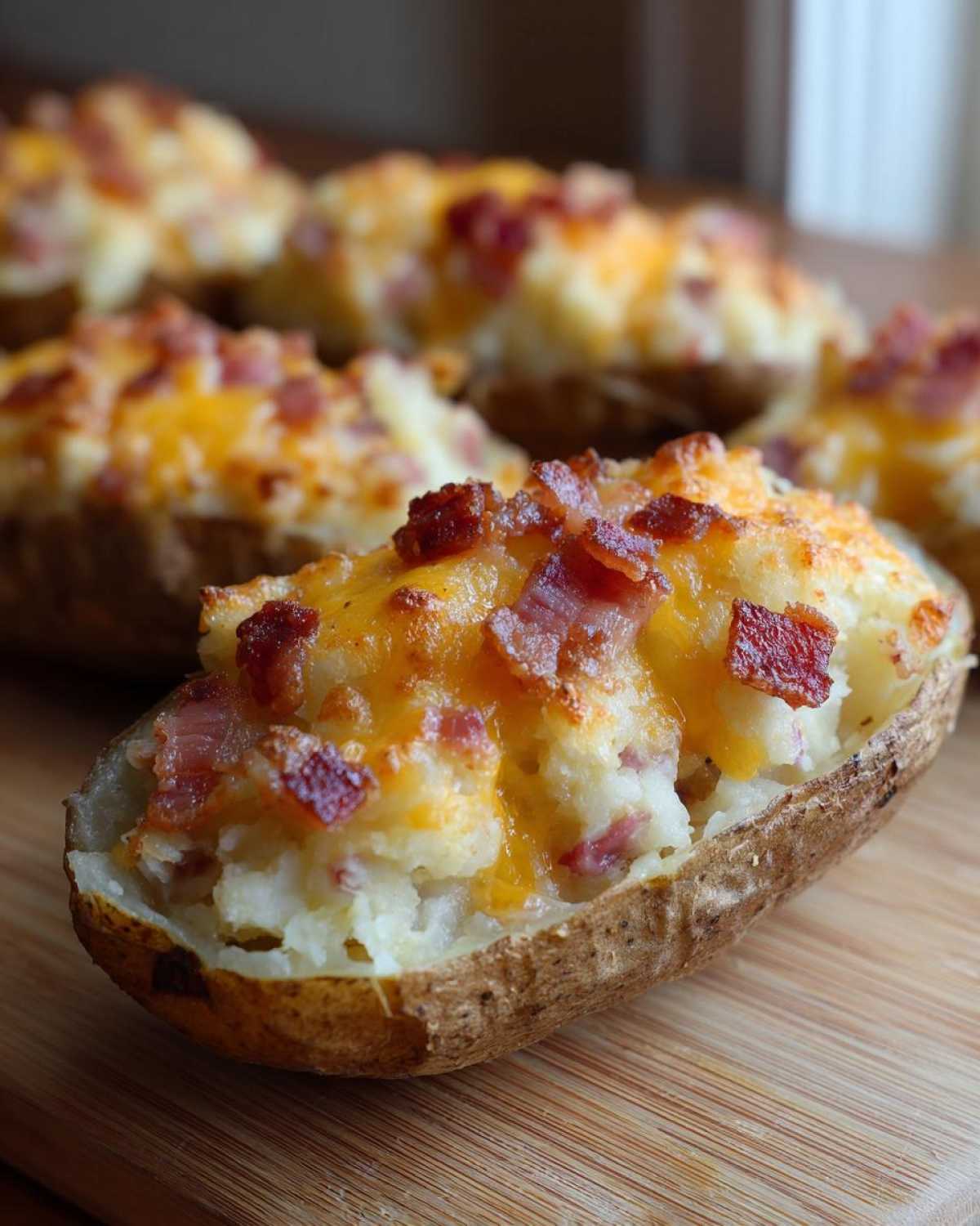 A close-up of a creamy twice baked potato stuffed with mashed potato, topped with melted cheddar cheese and crispy bacon bits.