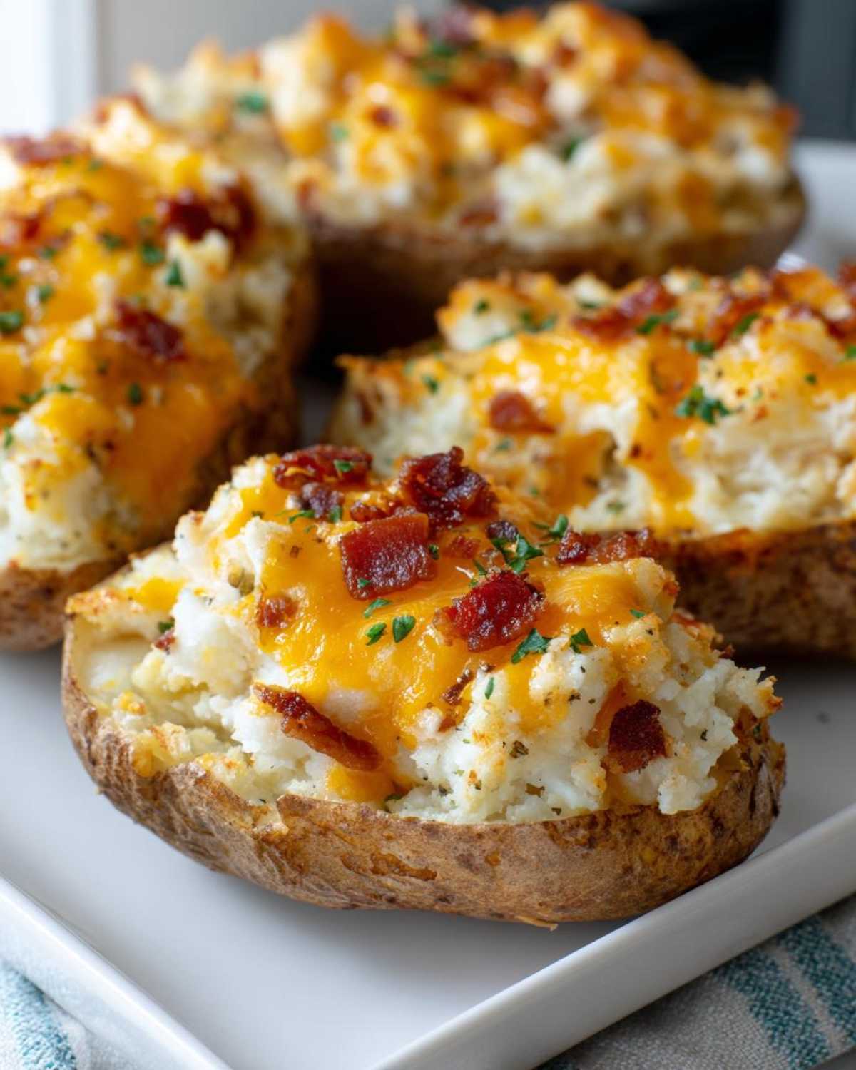 Close-up of creamy twice baked potatoes stuffed with mashed potato filling, topped with melted cheddar cheese and bacon bits.