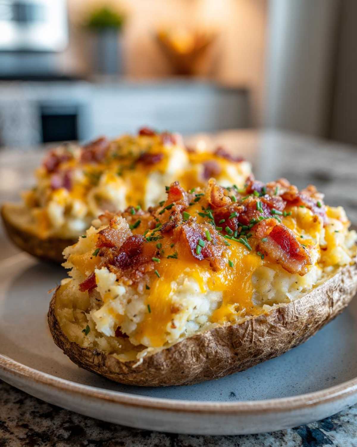 Close-up of a creamy twice baked potato loaded with melted cheddar cheese, crispy bacon bits, and chives.