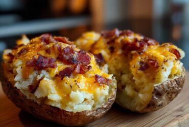Close-up of two creamy twice baked potatoes topped with melted cheddar cheese and crispy bacon bits.