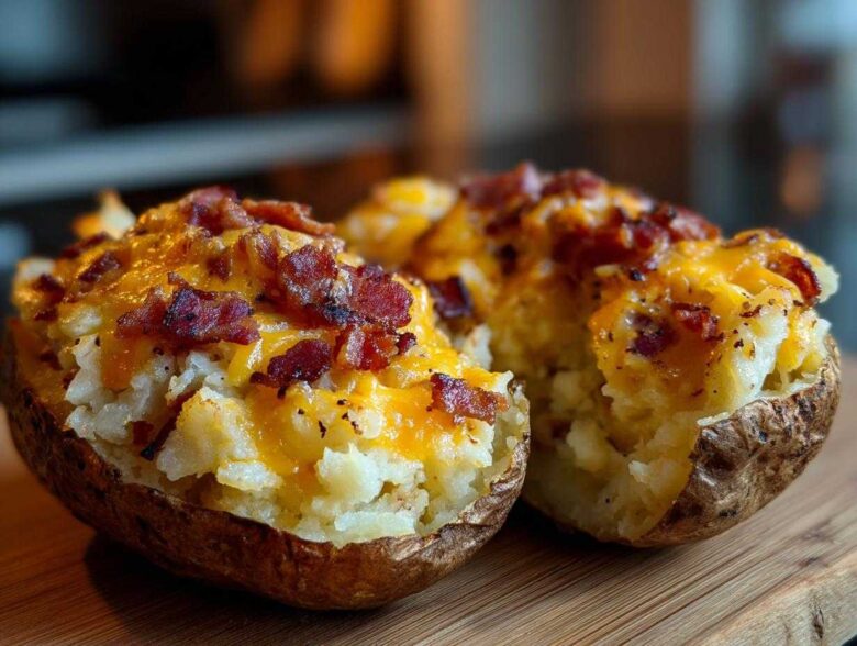 Close-up of two creamy twice baked potatoes topped with melted cheddar cheese and crispy bacon bits.
